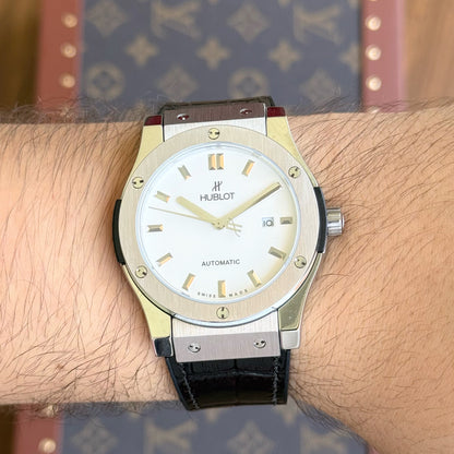 Classic Fusion Steel – White Dial Leather Strap Hublot Type
