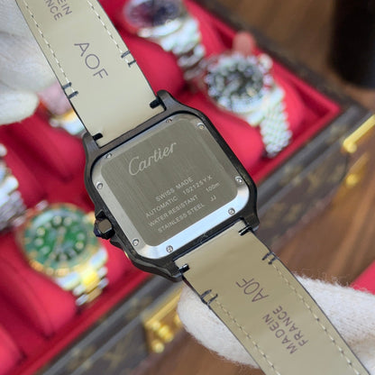 Santos Steel – Black Dial Leather Strap Cartier Type