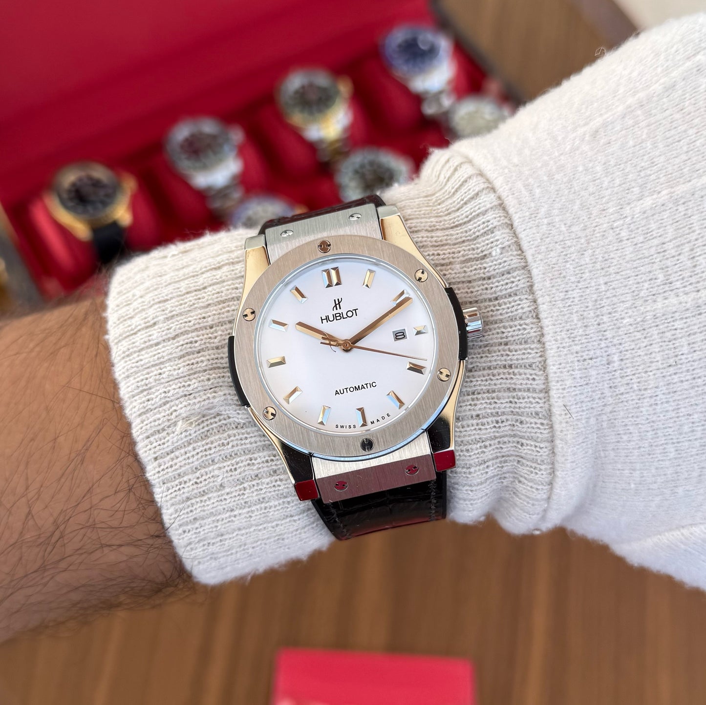 Classic Fusion Steel – White Dial Leather Strap Hublot Type