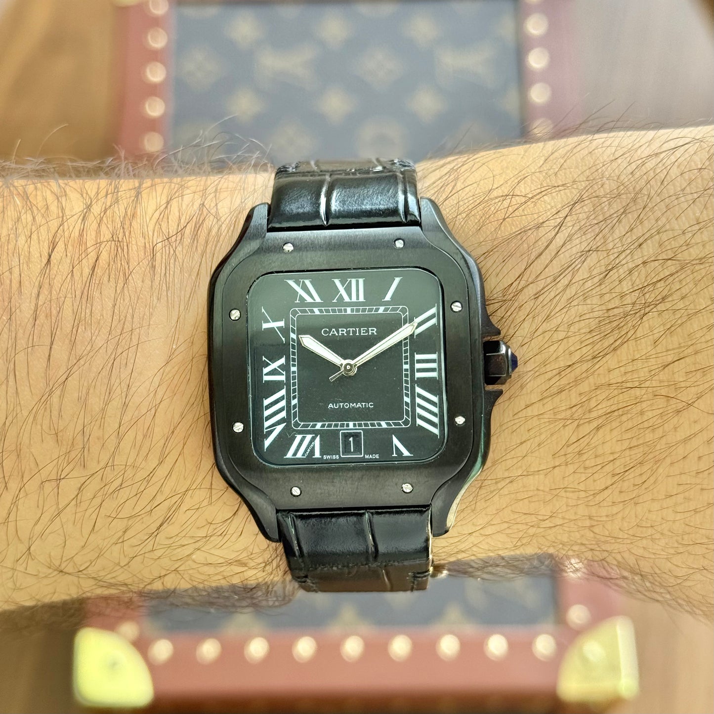Santos Steel – Black Dial Leather Strap Cartier Type