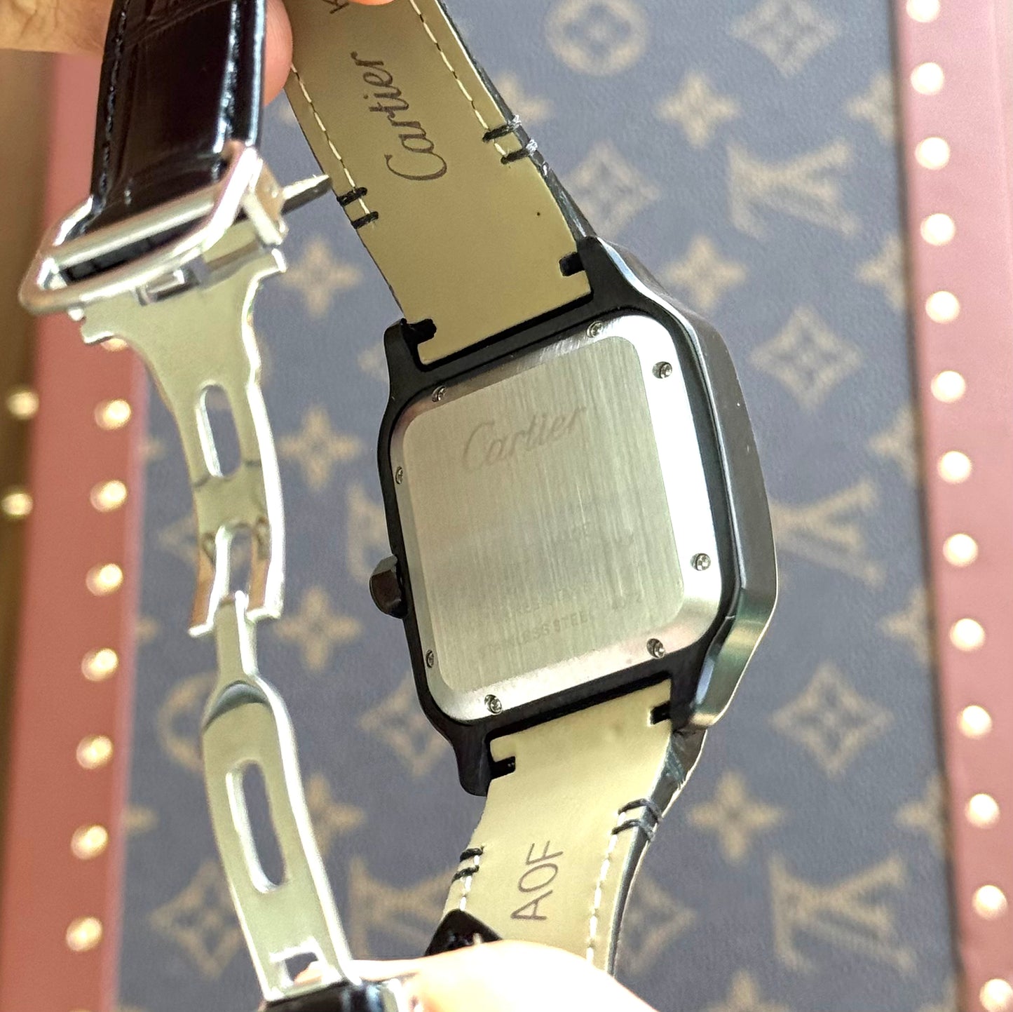 Santos Steel – Black Dial Leather Strap Cartier Type