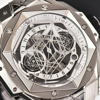 Big Bang Sang Bleu II Chrono 45mm White Skeleton Dial White Hub1240 - Authentic Movement