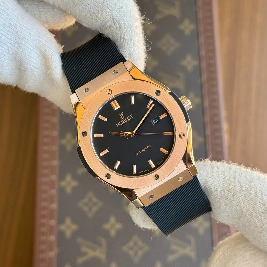 Reloj Kronos Classic Fusion King Gold oro negro correa goma detalle esfera