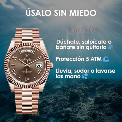 Bisel y corona Day-Date Everose Gold chocolate Kronos detalle lujo accesible