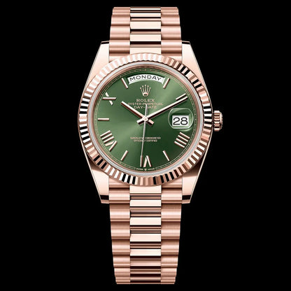Day-Date Everose Gold esfera olive tipo President Kronos Relojes vista frontal