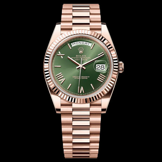 Day-Date Everose Gold esfera olive tipo President Kronos Relojes vista frontal