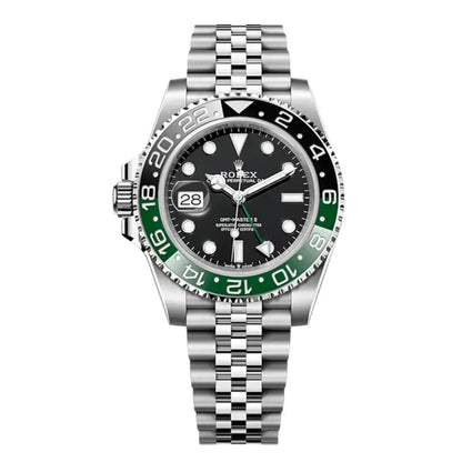 GMT-Master II Sprite Oystersteel esfera negra bisel verde Kronos Relojes vista frontal