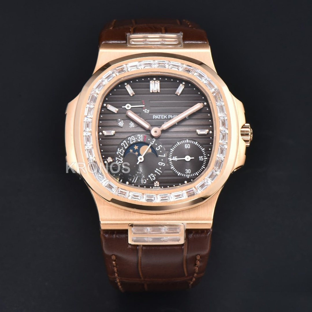 Nautilus 40mm Diamond Gray Dial Diamond Marker Moonphase Brown - Authentic Movement