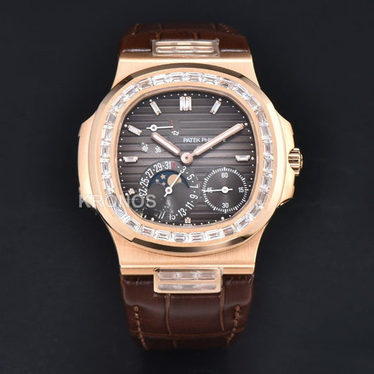 Nautilus 40mm Diamond Gray Dial Diamond Marker Moonphase Brown - Authentic Movement