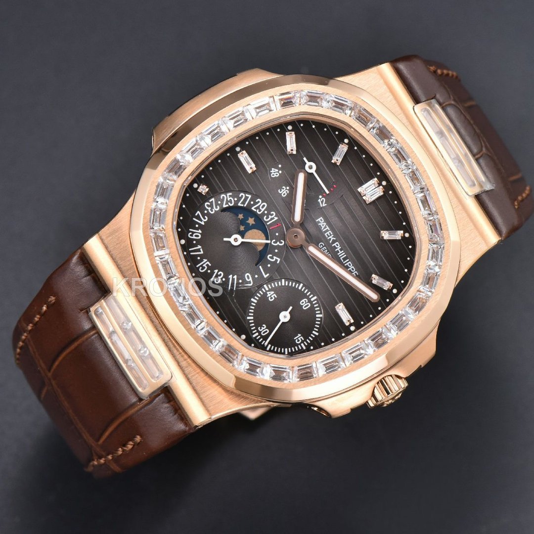 Nautilus 40mm Diamond Gray Dial Diamond Marker Moonphase Brown - Authentic Movement