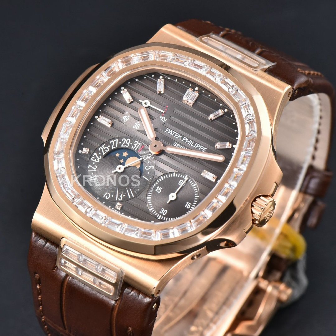 Nautilus 40mm Diamond Gray Dial Diamond Marker Moonphase Brown - Authentic Movement