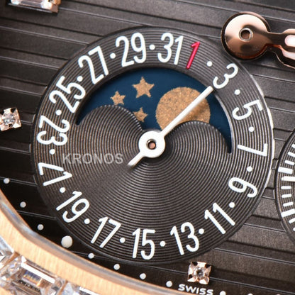 Nautilus 40mm Diamond Gray Dial Diamond Marker Moonphase Brown - Authentic Movement