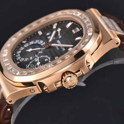 Nautilus 40mm Diamond Gray Dial Diamond Marker Moonphase Brown - Authentic Movement