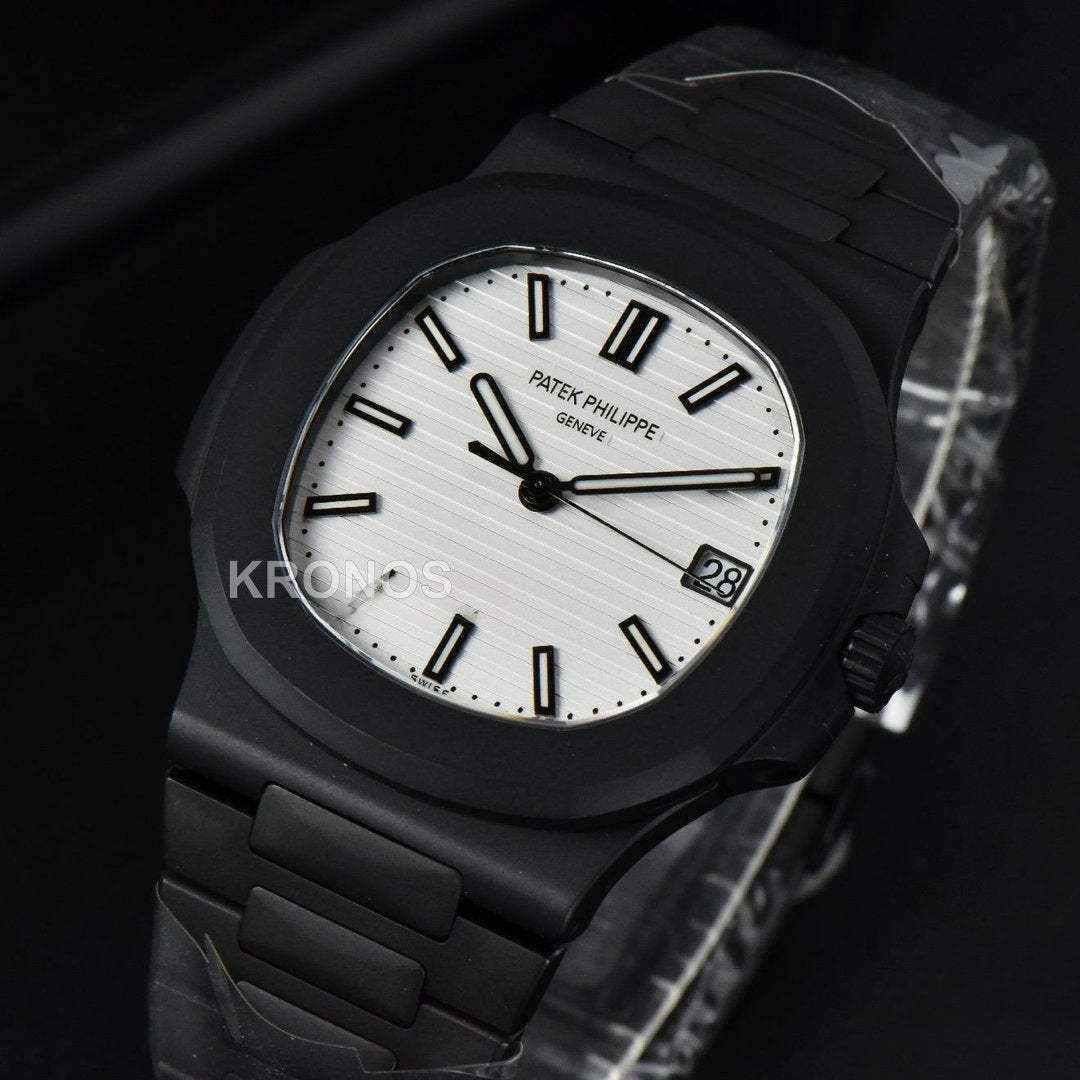 Nautilus All Black 40mm White Textured Dial PVD - Authentic Movement