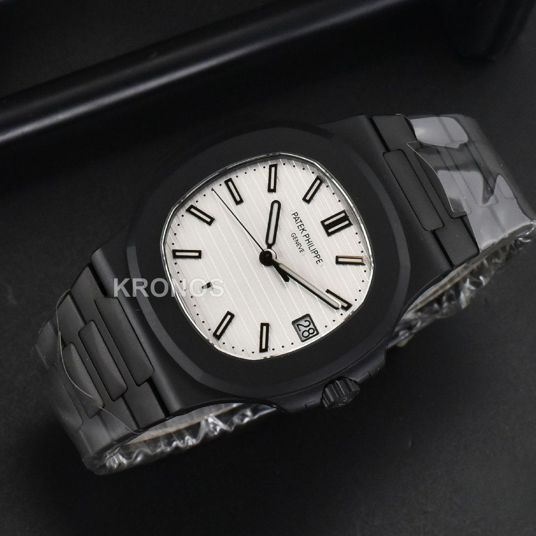Nautilus All Black 40mm White Textured Dial PVD - Authentic Movement
