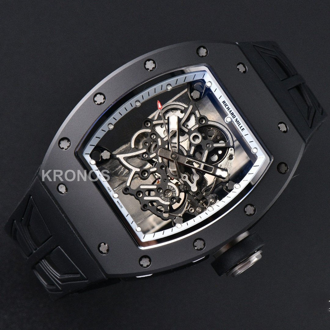 Rm055 Ceramic 42.7mm Black White Skeleton Dial Black Crown Black Rmul2 - Authentic Movement