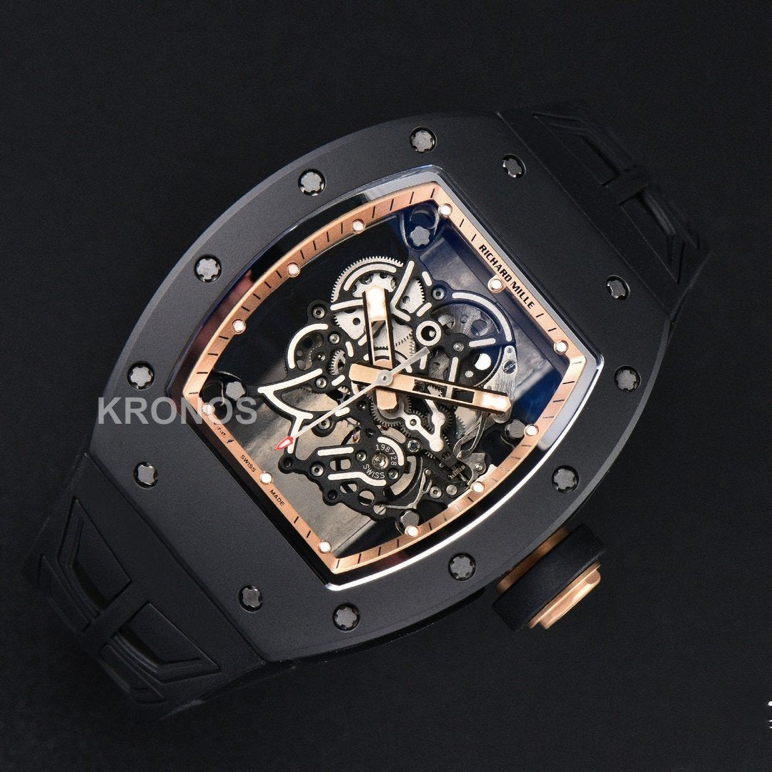 Rm055 Ceramic 42.7mm Black Gold Skeleton Dial Black Crown Black Rmul2 - Authentic Movement
