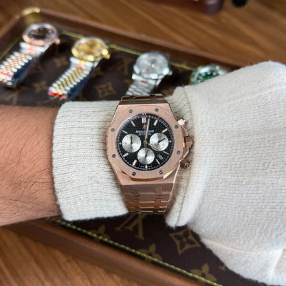 Detalle de cronógrafo Royal Oak Rose Gold esfera negra - Kronos Relojes