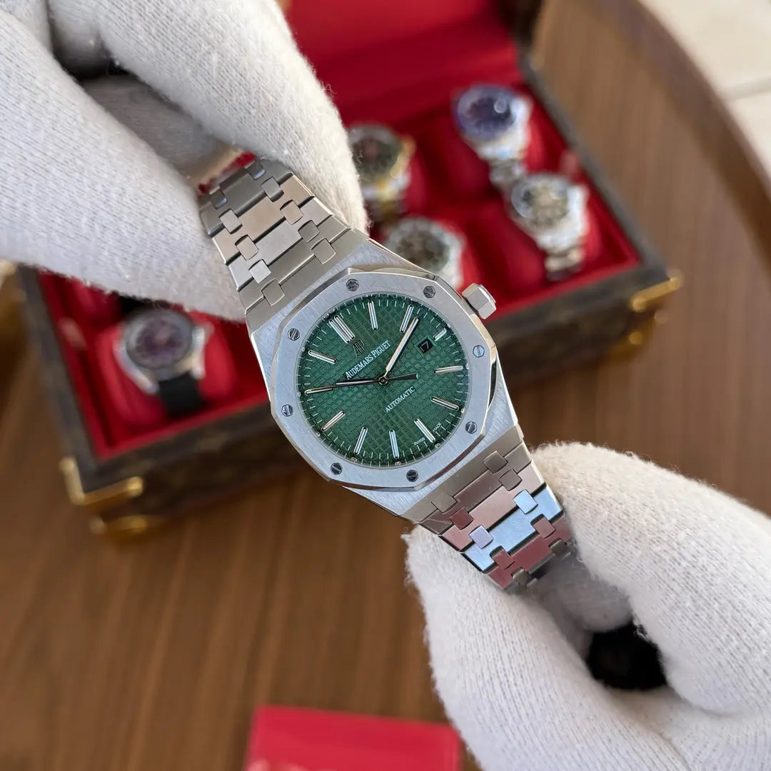 Reloj Royal Oak acero verde dial Kronos estilo AAA maquinaria auténtica