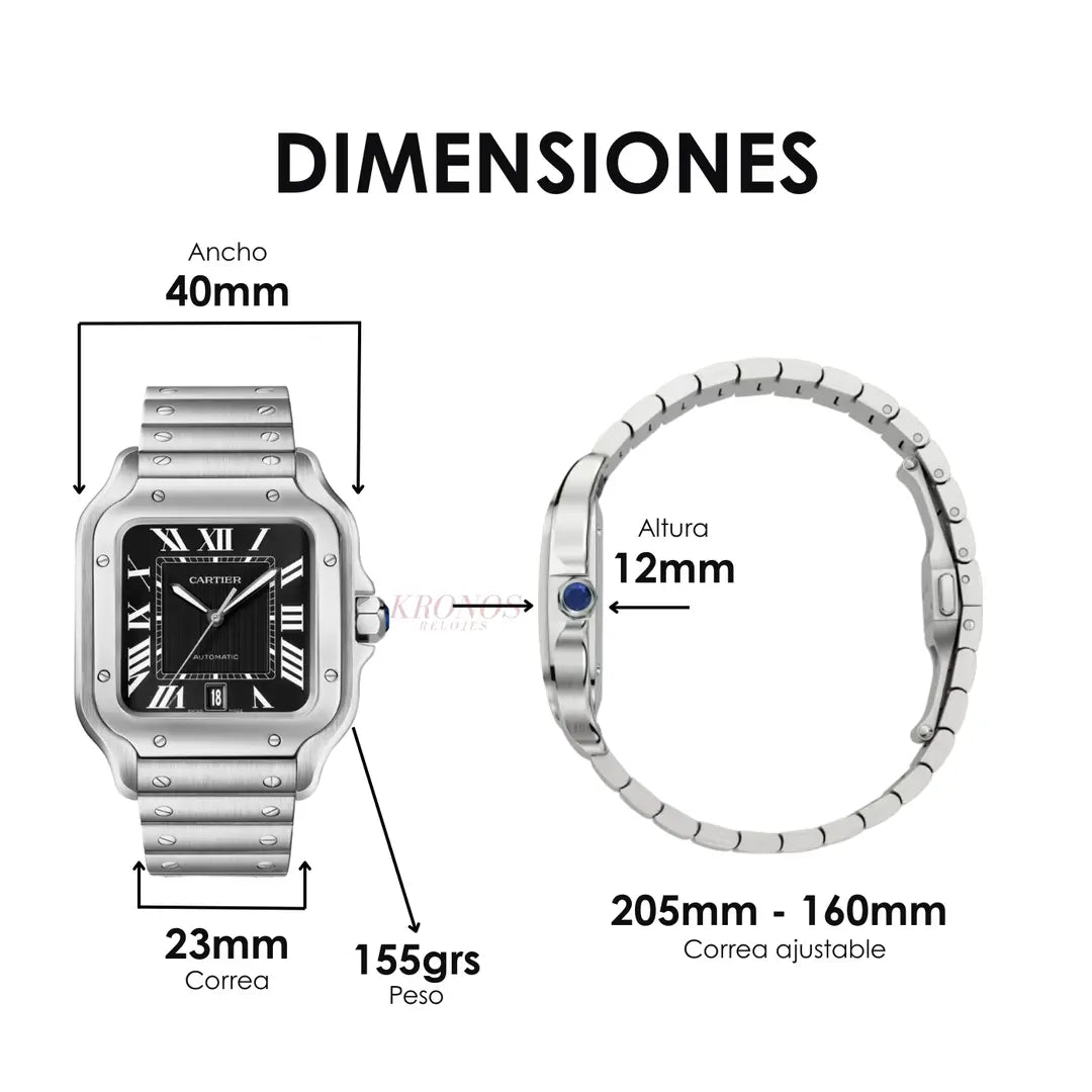 Santos Steel Black Dial estilo AAA Kronos Relojes envío
