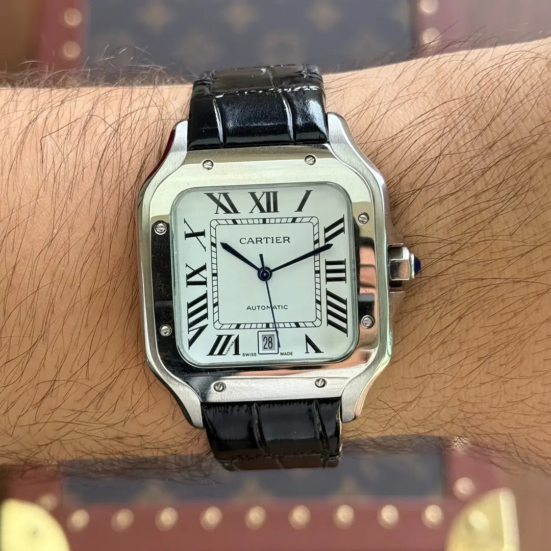 Vista lateral Santos Steel leather strap color café - Tienda Kronos
