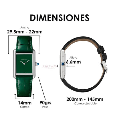 Vista lateral reloj Tank Steel Green con correa piel Kronos